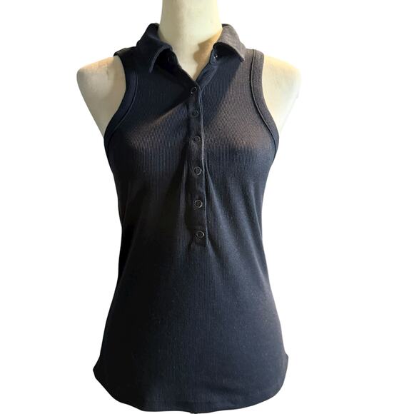 EVEREVE Ribbed Sleeveless Collared Henley Tank Top, Black, Women's Size Medium - Picture 1 of 6